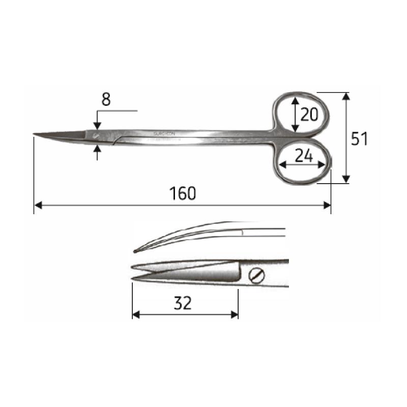 Ножиці J-22-132 хірургічні та гінекологічні Kelly, 16 cм, гострий/гострий, загнуті.